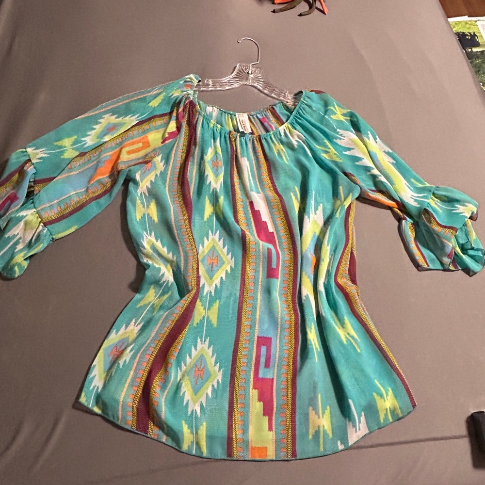 Now N Forever turquoise Aztec print shear blouse
